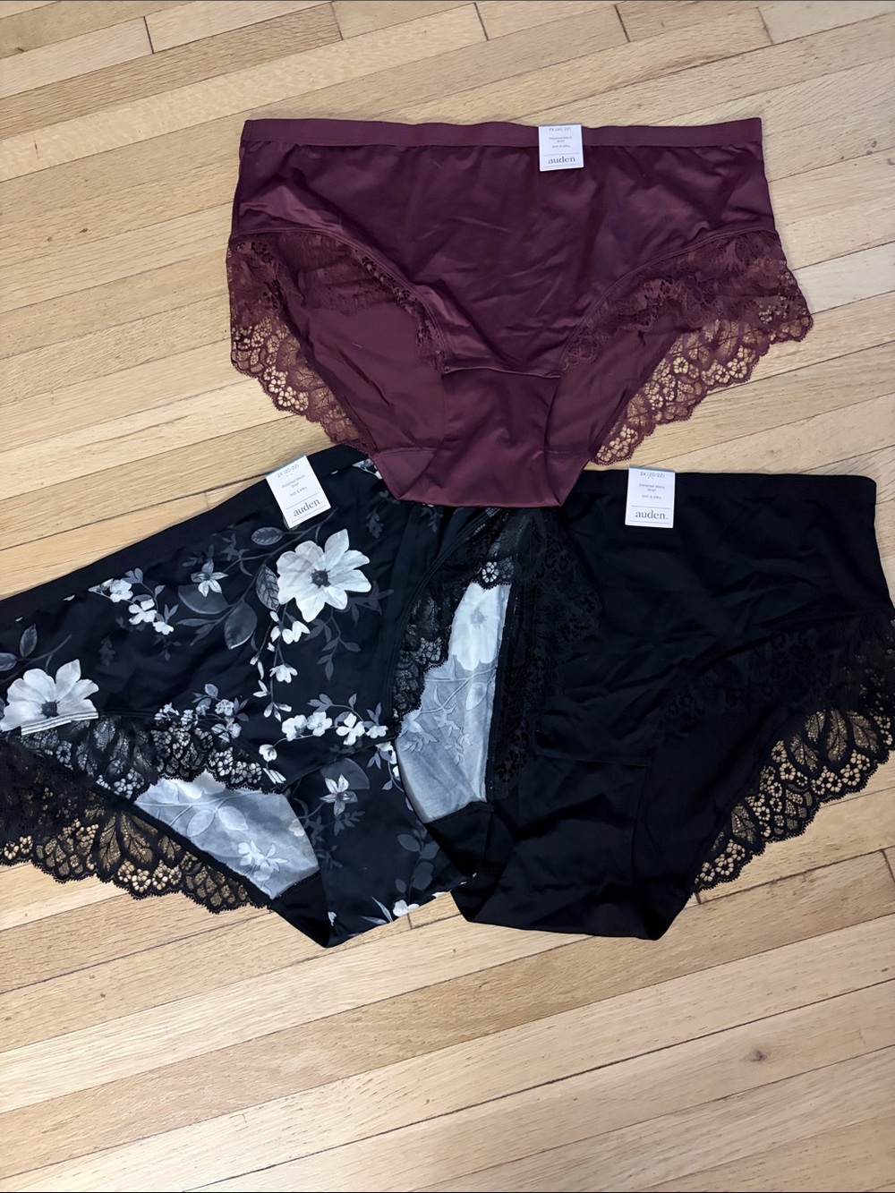 3 NWT. Auden Lace-Trim Bikini Panties in Burgundy and Black Floral